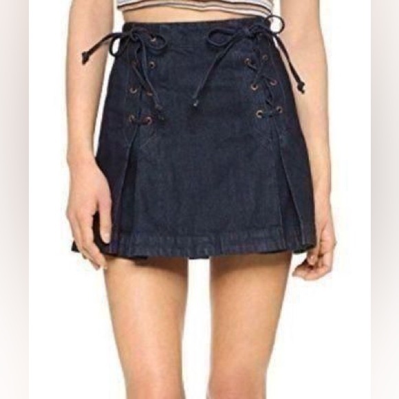 Free People Pleated Denim Mini Skirt Lace Up Size 4 - Picture 10 of 12
